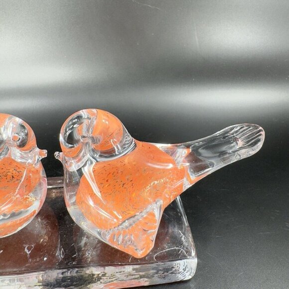 Vintage Murano ICET Hand Blown Glass Love Birds On Clear Block Sculpture Orange - Picture 11 of 14